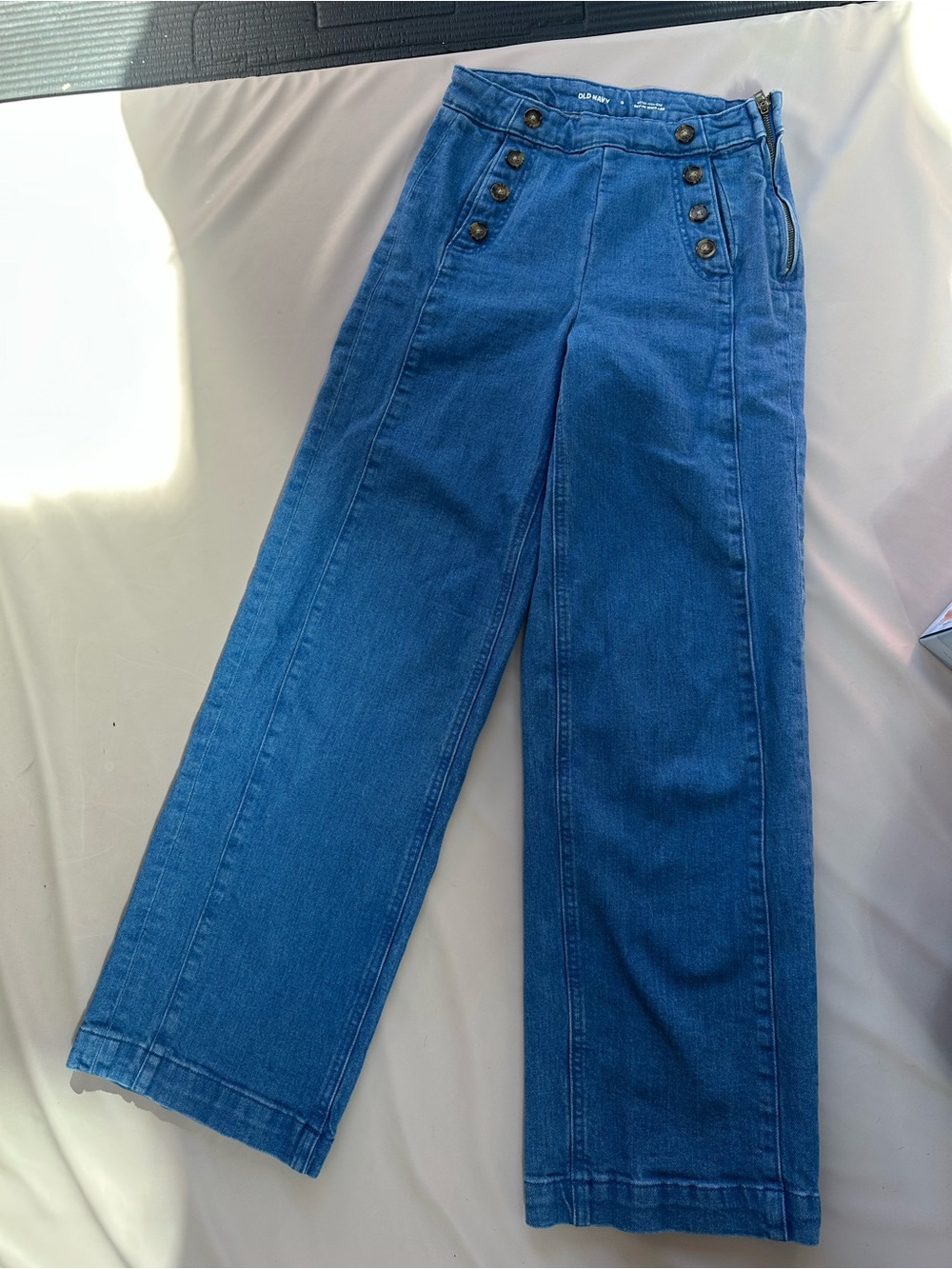 High-Rise Wide Leg Sailor Jeans with Button Detail - Blue